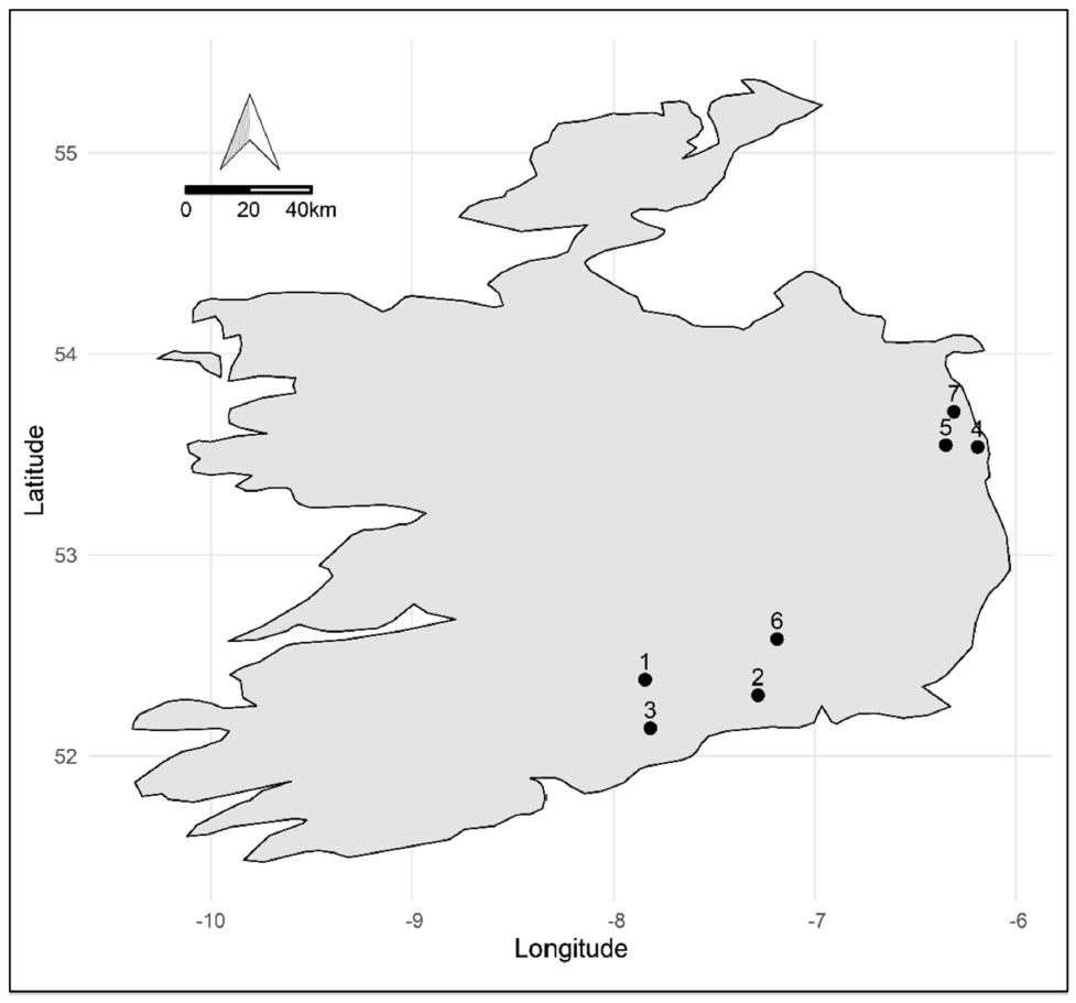 Map of apple orchard sites across the Republic of Ireland. Researchers observed three honeybee and three bumblebee colonies at each site. Sites 4, 5, and 7 are in a region which historically experiences more inclement weather than the region in which 1, 2, 3 and 6 are situated.